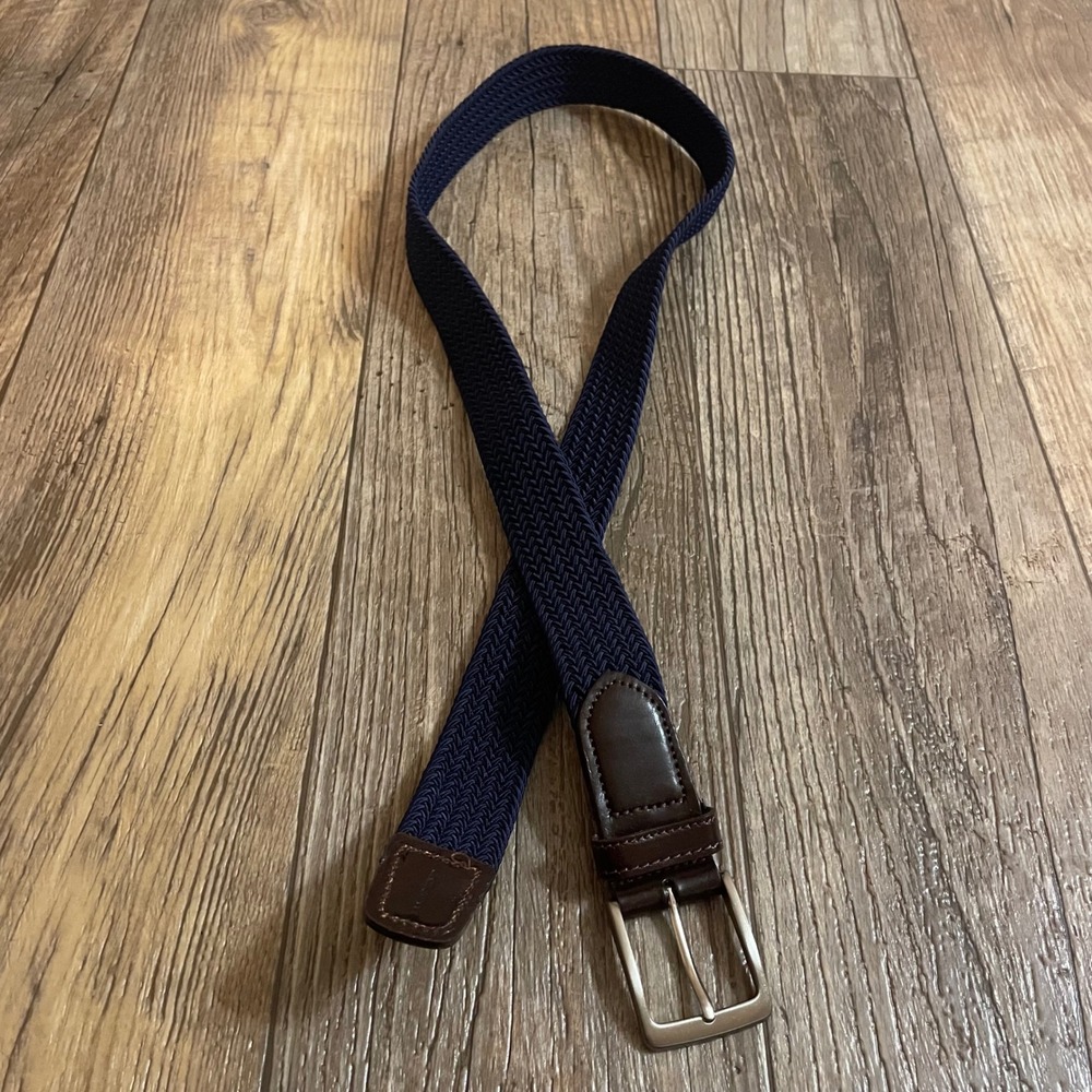 Lands End Mens Navy Braided Elastic Belt Brown Leather Trim Large 36-38